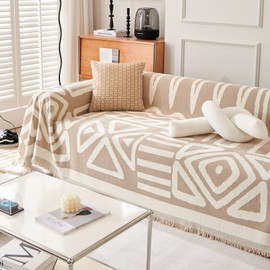 VM VOUGEMARKET Sectional Couch Cover for 3 Cushion Geometric Pattern Chenille Sofa Cover Dog Proof Universal Sofa Slipcover L Shaped Sofa Furniture Protector with Tassels-71 x 134,Khaki