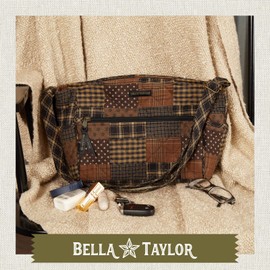 Bella Taylor Claire Crossbody Shoulder Bag, Multicompartment Purse for Women, Quilted Cotton Ironstone Black and Brown Patchwork
