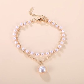 TseenYi Pearl Bracelet Baroque Layered Pearl Wrist Chain Beaded Bracelet Wedding Jewelry for Women and Girls Wedding Gift Valentine's Day Christmas（Gold）