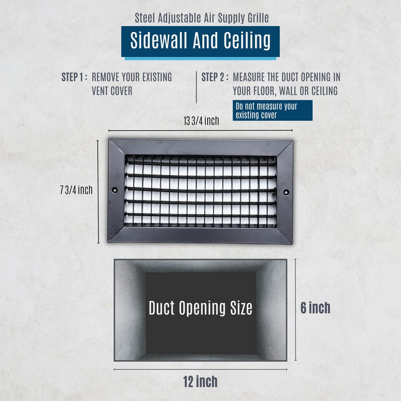 Fits 12x6 Duct Opening Steel Adjustable Air Supply Grille by