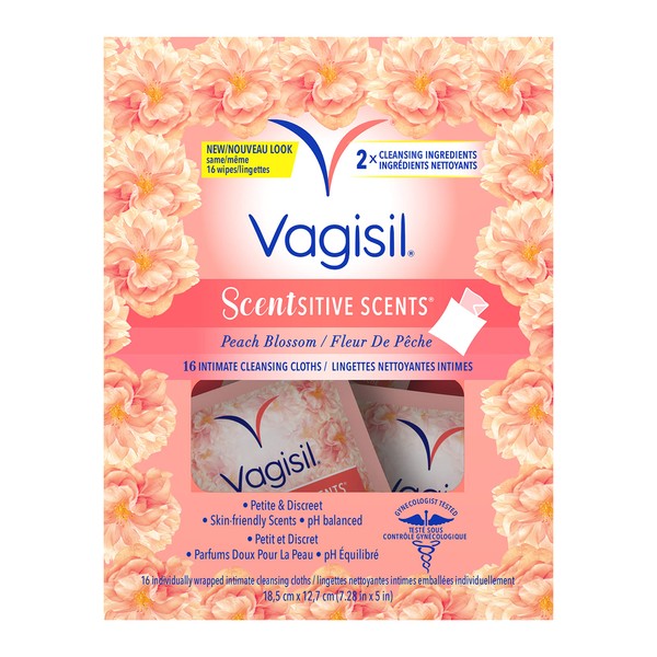 Vagisil Feminine Wipes for Intimate Area Hygiene, Scentsitive Scents pH Balanced and Gynecologist Tested, 16 Count, Peach Blossom