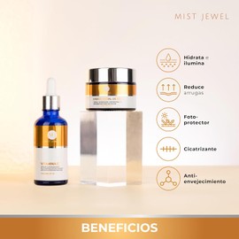 MIST JEWEL |Paquete Facial con serum Vitamina C + E + Ácido hialurónico y Crema de Día fotoprotectora FPS 30 Ácido Ferúlico y Vit C 50g | Skincare facial de máxima proteccion e hidratación para el día