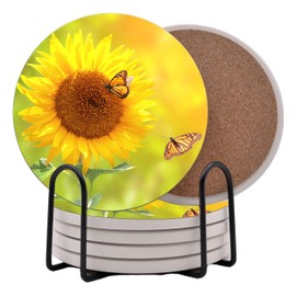 Flowers Sunflower Floral Round Coasters Set of 6 - Abosrbent Ceramic Coasters with Metal Stand for Drinks, Coffee, Non-Slip Cork Back for Tabletop Protection, 4 Inches (Sunflower)