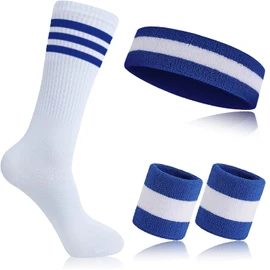 Proxima Direct Sweatbands Set, Including 1 Sports Headband +2 Wrist Sweatbands +1 Striped Sock for Women Men Girls Boys,Sports Sweatband for Gym Workout Yoga Soccer Boxing Tennis (Blue+White+Blue)