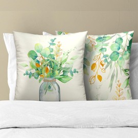 Spring Eucalyptus Leaves Throw Pillow Covers Sage Green Botanical Print Pillowcase Gold Green Eucalyptus Leaf Mason Jar Decorative Farmhouse Cushion Cover for Home Sofa Bedroom Porch Outdoor 18x18 in