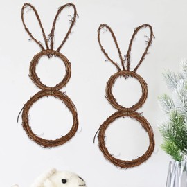 Flueyer Easter Bunny Wreath, Handmade Bunny Shaped Spring Grapevine Wreath with LED Lights and Star Bunny Garland Decorations for Front Door Home Garden Decor, Brown