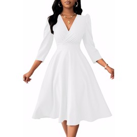 Nmoder Women Casual Midi Semi Formal Fit and Flare 3/4 Sleeve A-line Wrap Empire Waist Dress for Church Work Wedding Guest Cocktail Dresses White 2XL