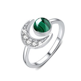 CUOKA MIRACLE Moon Ring, S925 Sterling Silver Crescent Moon Ring Open Ring Adjustable Ring Gift for Women, Metal, Malachite