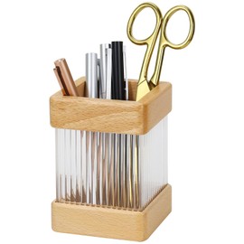 Multibey Desktop Pen Holder, Aesthetic Acrylic Compartments Pen Pot, Cute Square Pen Cup, Durable Desktop Office Supply Stationery Organizer, Stylish Office Decor Pen Stand (Beech Wood)