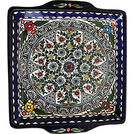 Holy Land Market Armenian Ceramic Holy Land Flowers square Bread/Matzah Seder Plate - 9.5 Inches - Asfour Outlet Trademark
