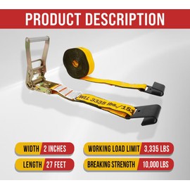 Mytee Products Kinedyne 2" x 27' Ratchet Tie Down Straps with Flat Hook