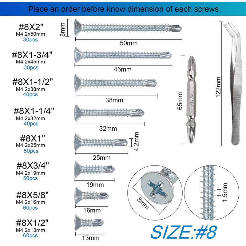 FandWay 360 Pcs M4.2(#8) Zinc Plated Steel Countersunk Head Phillips