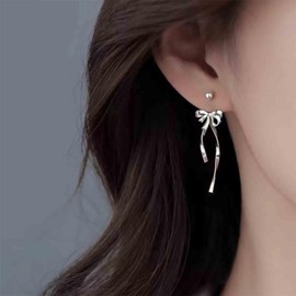 Aneneiceera Vintage Heart Ear Jackets Earrings Silver Bow Earrings Filigree Love Heart Stud Earrings Long Bow Earrings Jewellery For Women, Zinc