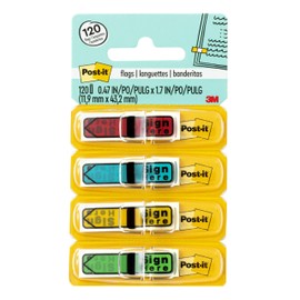 Post-it Message Sign Here Flags, 30/Dispenser, 4 Dispensers/Pack, .47 in Wide, Assorted Colors (684-SH)