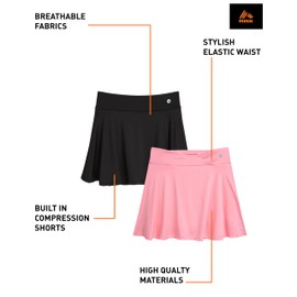 RBX Girls' Active Skirt - 2 Pack Pleated Athletic Performance Scooter Skort - Tennis Golf Skirt with Bike Short Lining (7-16), Size 10/12, Black Cotton Candy
