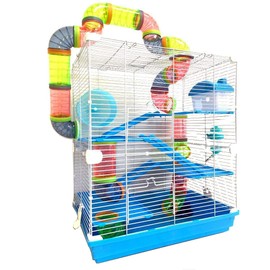 Large 5-Floors Blue Hamster Mansion Habitat Home House Cage Paw Safe Solid Platform with Hide House Running Excerise Wheel Food Bowl Water Bottle Deep Base