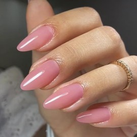 KQueenest Acrylic Press on Nails Almond Medium Length, Dark Pink False Nails Almond, Glossy Solid Color Stiletto Fake Nails Set, Natural Reusable Gel Stick on Nail for Women Finger Daily Wear 24 Pcs