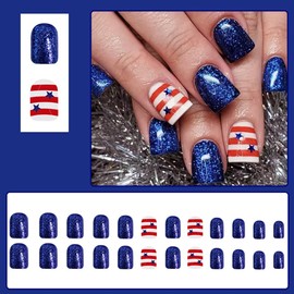 24 Pcs 4th of July Press on Nails Short Square,YIHONGYAN Blue Glitter Fake Nails Press ons Nails Tips Acrylic Kit Glue on Nails Full Cover False Nails with Pentagram Stripe Design Stick on Nails Women