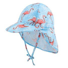 LACOFIA Baby Sun Hat with Ties and Neck Protection Children's Beach Hats Toddler Summer Visor Cap, A-blue flamingo