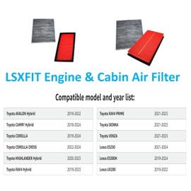 Cabin & Engine Air Filter for Corolla(19-24), Highlander Hybrid (20-23), RAV4 Hybrid 19-23, Sienna 21-23, Avalon Hybrid(19-22), Camry Hybrid(18-24), VENZA 21-23, ES250 21-24, ES300H 19-24, UX200 19-22