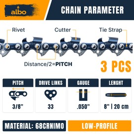 3/8" LP Pitch .050" Gauge 33DL 8" Chainsaw Chain 3 Pack – Low-Profile Full-Chisel Chrome Cutters, Reinforced Rivets, CE Certified – Fits Portland, Greenworks, Kobalt, Remington, Sun Joe, Ego