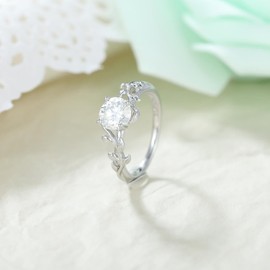 IRROYA - Anillos de moissanita genuina de corte redondo brillante de 1.01 quilates para mujer, anillo de viaje de plata de ley 925 chapado en platino con forma de hoja de rama, anillo de compromiso estilo natural, estilo torcedura, apilable, anillo de co