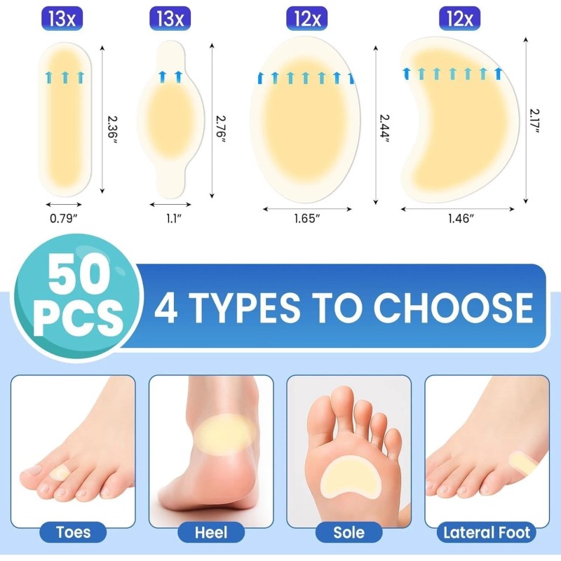 ZEZUCUN 50PCS Hydrocolloid Blister Bandages Waterproof Heel & Toe Pads