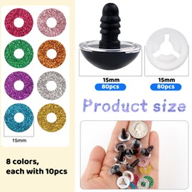 TOAOB 80pcs Glitter Plastic Safety Eyes for Amigurumis 15mm Round Craft Crochet Doll Eyes with Washers 8 Colors Cat Eyes for DIY Puppet Bear Stuffed Animals Making