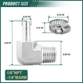 1PCS 304 Stainless Steel 90 Degree Elbow Hose, 1/4" Barb x 1/8" NPT Male, Barb Fittings, with 1PCS Hose Clamp, for Fuel/Airl/Water/Gas/Oil