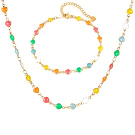 Caimeytie Damen Halskette und Fußkettchen Set,Edelstahl Kette mit mehrfarbigen Perlen,Frühling und Sommer Kollektion,Die Form der Liebe