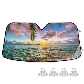 Hawaii Sea Sunrise Car Windshield Sun Shade Foldable Tropical Palm Tree Auto Front Window Sunshade, Accordion Folding Sun Visor Shield Protector Blocks UV Rays for SUV Trucks 55x27.6 in