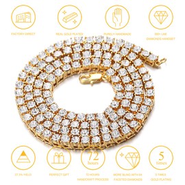 Halukakah Gold Chain for Men Iced Out,5.5MM Men's Tennis Chain 18k Real Gold Plated Choker Necklace 18",Lab Diamond Prong Set,Gift for Him