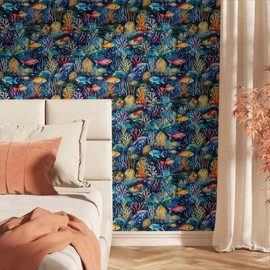 VistaPalette Blue Orange Under The Sea Fish Underwater Colorful Coral Peel and Stick Wallpaper Wall Decor Self Adhesive Wall Paper Stick on Easy Peel Off Contact for Renter Apartment