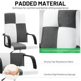 Zanzio Office Chair, Home Office Desk Chair with Padded High Back and Seat Cushion, Fabric Padded Upholstered Computer Task Chair, Comfy Adjustable Rolling Study Reading Chairs, Grey/White