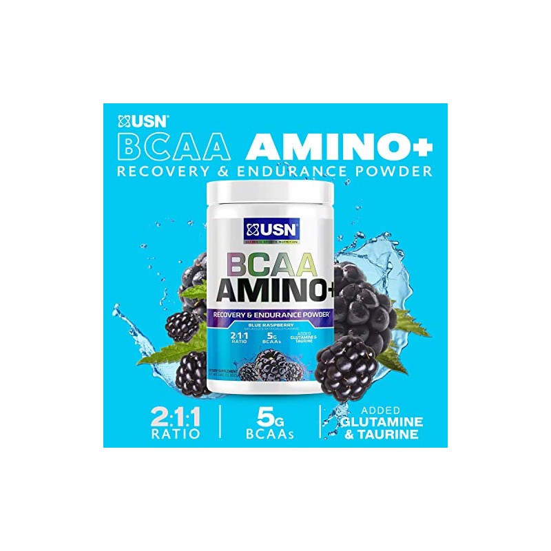 USN Suplementos BCAA Amino + Suplemento, Frambuesa Azul, 11 oz