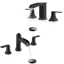 4-16 Inch Waterfall Bathroom Faucet Black, Modern Brass Bathroom Faucets 3 Hole, 2 Handle Widespread Faucet, Brass Bathroom Sink Faucets, 2 Handles Faucet for Bathroom Sink with Pop-up Drain