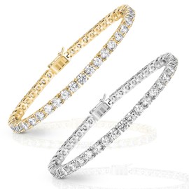 NYC Sterling 14K Gold Plated Tennis Bracelet for Women - 3mm Elegant Cubic Zirconia Bracelet 6.5"-7.5" - Versatile Jewelry for Women, Professional and Social Wear (White & Gold - SET)