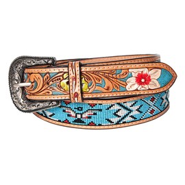 American Darling Small Hand Tooled Tan Genuine American Leather Beaded Belt Men & Women Western Belt with Removable Buckle