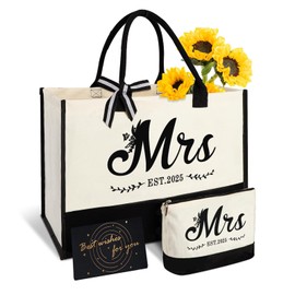 2025 Mrs Canvas Tote Bag with Leather Handle and Zipper Pocket, Comes with Makeup Bag and Greeting Cards, Ideal for Bride, Bridesmaid, Bachelorette, Engagement and Bridal Shower