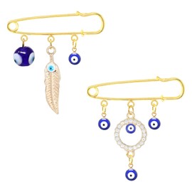 Honbay 2PCS Fashion Enamel Alloy Rhinestone Evil Eye Brooches Safety Pins with Tassel Lucky Charms