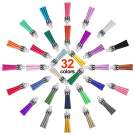 SIQUK 160 Pieces Keychain Tassel 40mm Leather Tassels for DIY Keyring Jewellery Making Craft Supplies 32 Colours (Silver Cap)