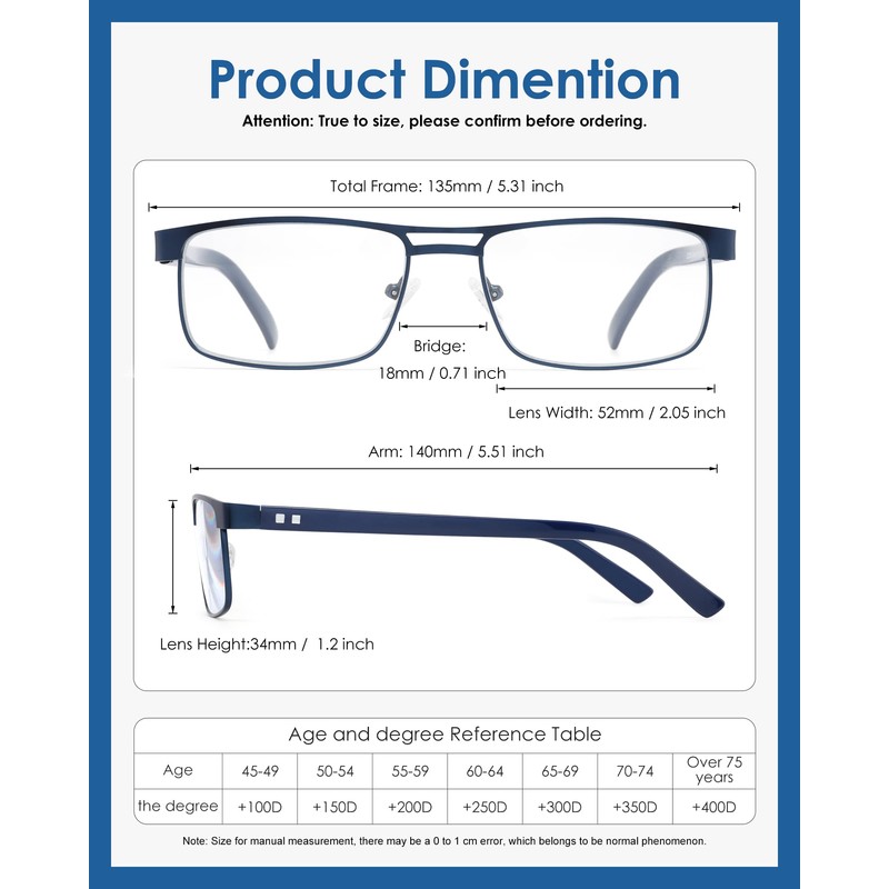 FEIVSN Metal Reading Glasses For Men, Blue Light Blocking Computer