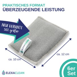 ELEXACLEAN Washing Up Sponge Scourer Sponges (Set of 6, 12 x 10 cm, Grey) Washable - for Reuse with Microfibre - New: Large Version