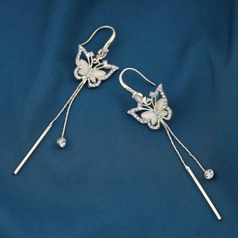 Cimenexe Bohemian Crystal Butterfly Tassel Dangle Earrings Gold Moonstone Butterfly