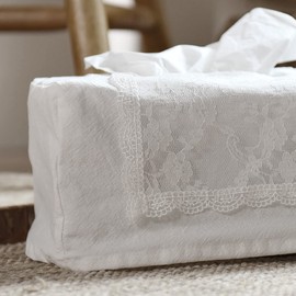 Home Living Rectangle Cotton Tissue Box Cover with Lace, House Decoration Well-Stitched Refill Holder, Facial Paper Dispenser for Bathroom, Livingroom, Dresser, Office, Bedroom, Car, Made in Korea