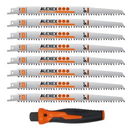 8 Pack 9 Inch 5 Tpi Wood Pruning Reciprocating Saw Blades for Tree Trimming and Wet Wood Cutting, Cr-V Sawzall Blades with Fleam-Ground Teeth for Longer Life and Faster Cutting Speed, 1 x Handle
