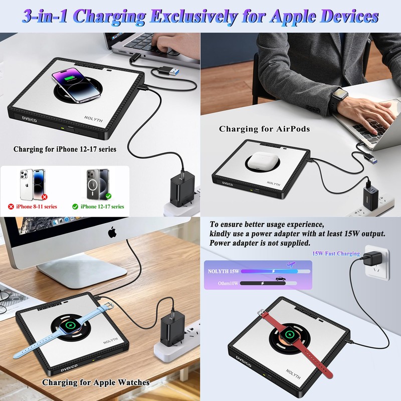NOLYTH External CD Drive for Laptop: with 15W Wireless Charger