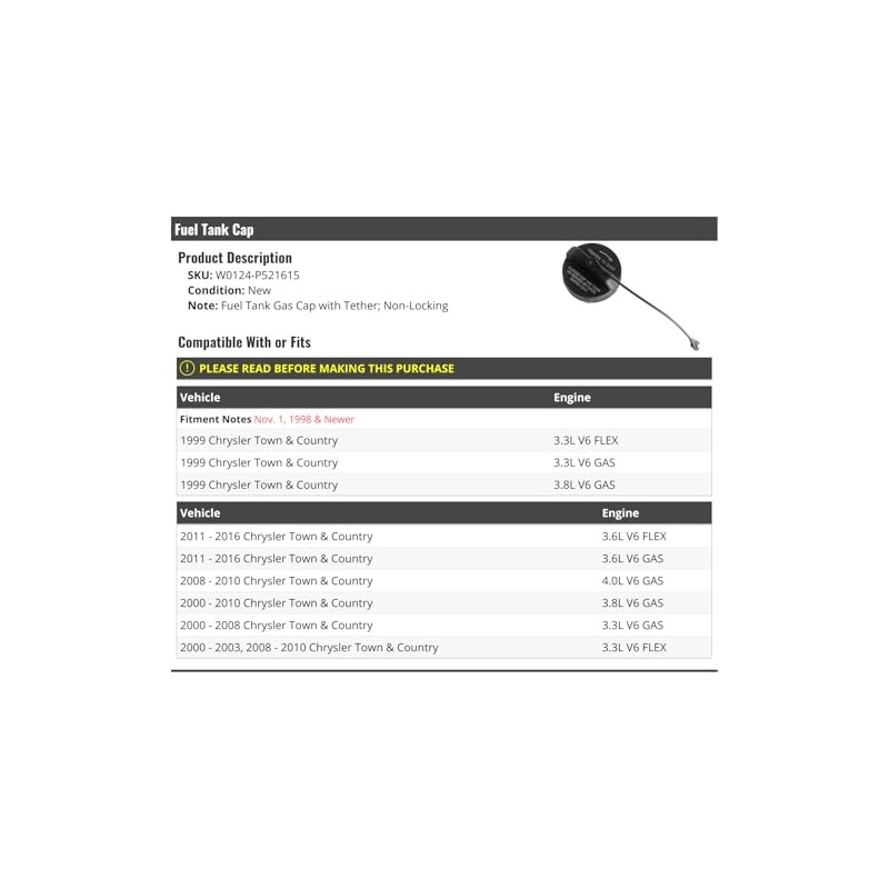 Fuel Tank Gas Cap with Tether - Non-Locking - Compatible