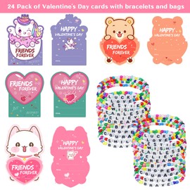 Manaror 24 Pack Gift Cards with Friendship Bead Bracelets,Valentines Gift Exchange for Boys Girls Classroom Party Favors Supplies for Kids