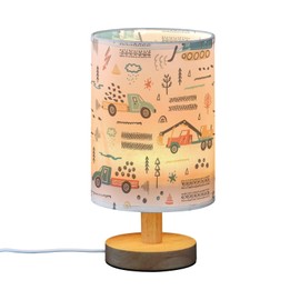 SPRIPORT Toy Cars Construction Trucks Bedside Table Lamp for Bedroom Nightstand Lamp with Wood Base & Round Flaxen Fabric Shade Night Stand Light Lamp for Living Room Home Office Dorm Working Reading